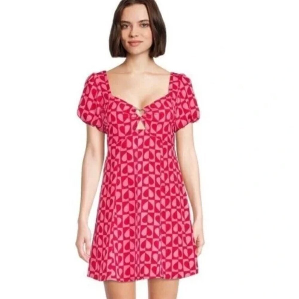 Maden NYC Valentine’s Pink & Red Heart Dress with Ballon Sleeves Large - Picture 2 of 8